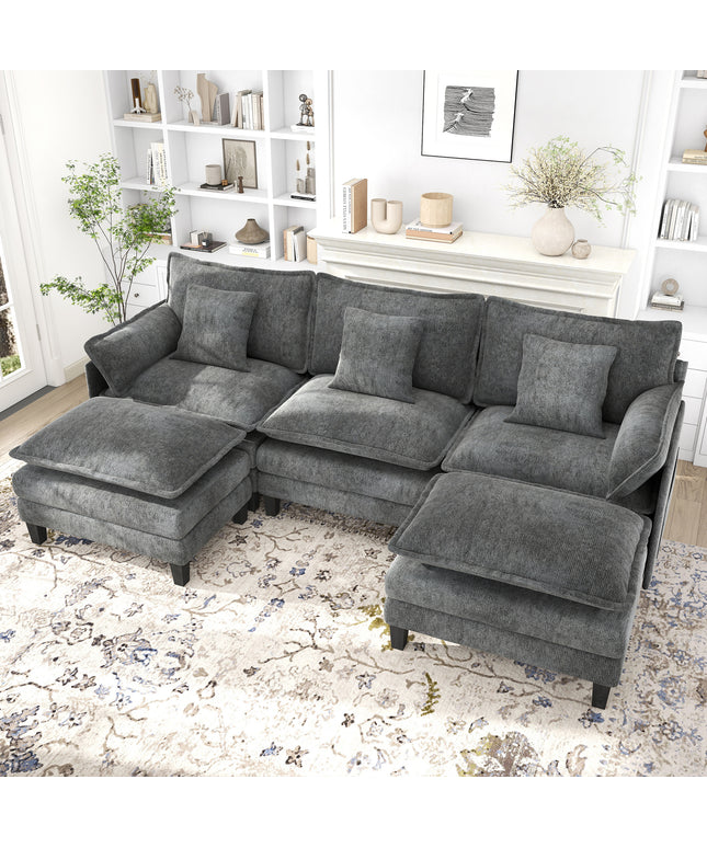 Jonpony Modular Sectional Sofa, Comfy Cloud Couch with Movable Ottoman, Deep Seat Couches for Living Room, Bedroom and Apartment, 106" U Shaped Modern Sofa with Pillows, Beige