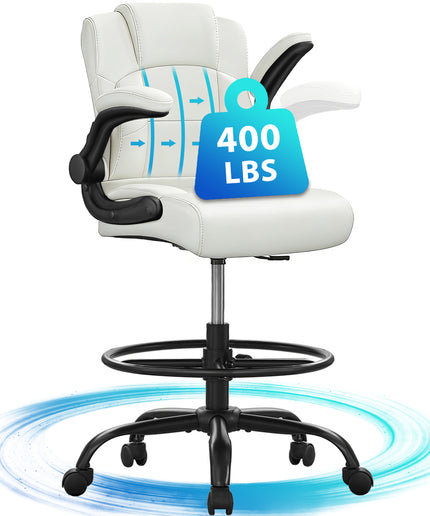 JONPONY 500 lbs Tall Office Chair with Flip-up Armrests for Standing Desk Executive Ergonomic Computer Leather Desk Chair with Lumbar Support, Adjustable Foot Ring for Home,Black