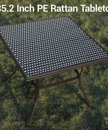 Jonpony 31" Square Outdoor Bistro Table, All-Weather PE Rattan Patio Side Table w/ Sturdy Metal Frame & Adjustable Foot Pads, Outdoor Wicker Dining Table for Poolside Backyard Garden Balcony