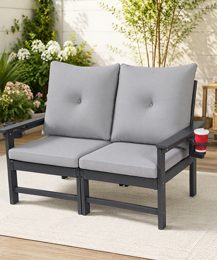 Jonpony Outdoor Loveseat Sofa, HDPE Patio Couch with Cup Holeder & Thick Gray Cushions, Deep Seating Sofa for Garden, Deck, Front Porch