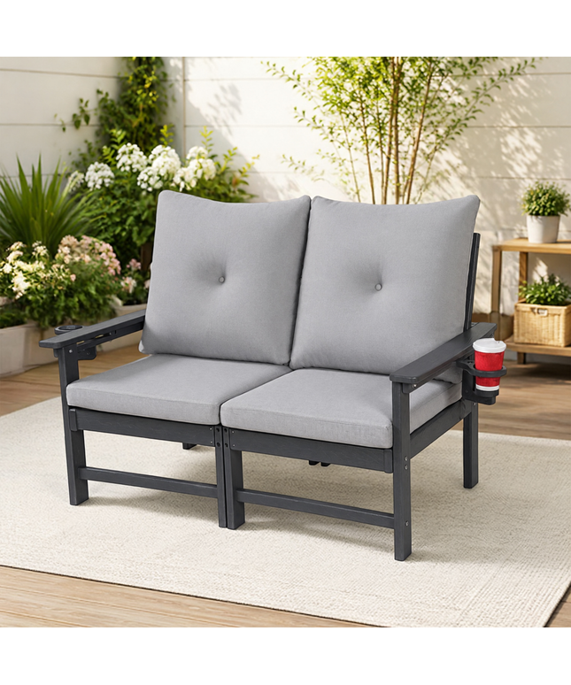 Jonpony Outdoor Loveseat Sofa, HDPE Patio Couch with Cup Holeder & Thick Gray Cushions, Deep Seating Sofa for Garden, Deck, Front Porch