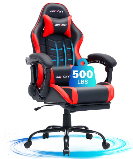 JONPONY 500LBS Big & Tall Gaming Chair, Ergonomic High-Back Gamer Chair with Footrest Lumbar Support, PU Leather Office Computer Chair for Long Sitting, Red