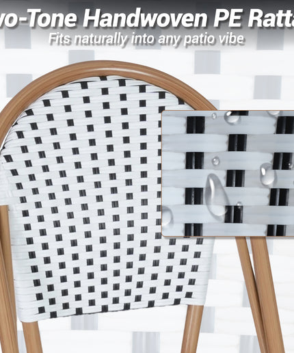 Jonpony Outdoor French Counter Bar Stools Set of 2, 30" Height Patio Rattan Barstools w/ Wood Print Finish, All-Weather Armless Wicker Chairs for Poolside Backyard Front Porch Garden Indoor Kitchen, White/Black/Blue