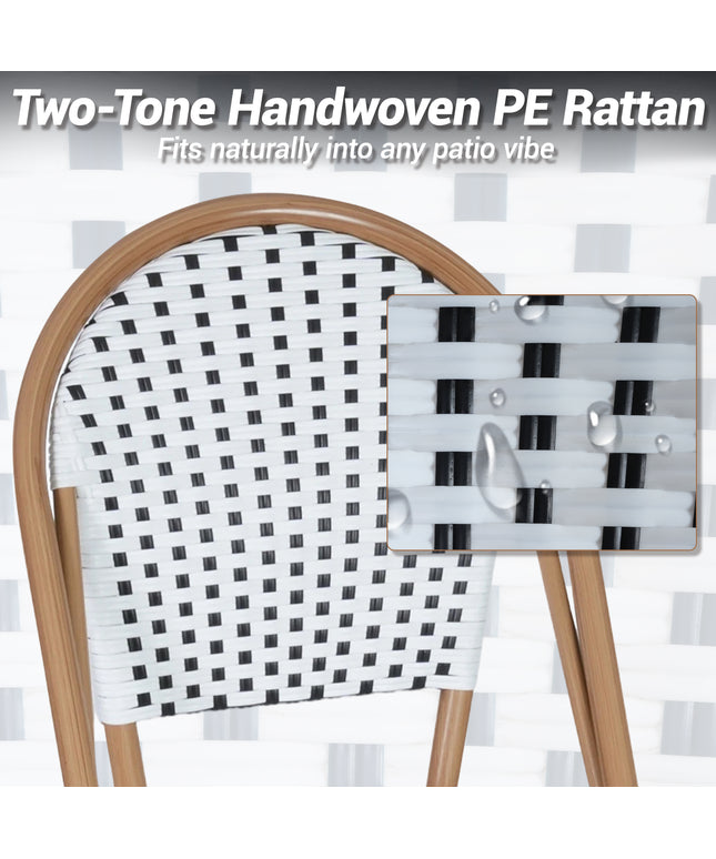 Jonpony Outdoor French Counter Bar Stools Set of 2, 30" Height Patio Rattan Barstools w/ Wood Print Finish, All-Weather Armless Wicker Chairs for Poolside Backyard Front Porch Garden Indoor Kitchen, White/Black/Blue