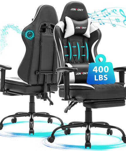 JONPONY Big and Tall 400lbs Gaming Chair with Bluetooth Speakers, Gamer Chair with Footrest and Lumbar Support & 360-Swivel Seat, Ergonomic Gamer Chair with Headrest, Red