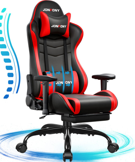 JONPONY Big and Tall 500LBS Gaming Chair, Ergonomic Design, Gamer Chair PU Leather with Footrest and Lumbar Support, High Back Office Chair Support 8 Hours Long Sitting, Computer Chair,Red