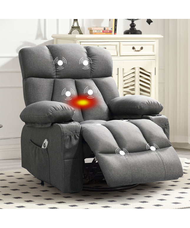 JONPONY Manual Recliner Chair with Heat Therapy and Massage Function, Heavy Duty Reclining Mechanism Massage Chair, Elderly Single Rocker Sofa with Cup Holders for Bedroom Home Theater,Grey, B1273