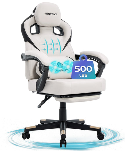 JONPONY Gaming Chair,500LBS Fabric Gamer Chair with footrest for Adults, High Back Ergonomic Computer Game Chair with Adjustable Headrest and Lumbar Support,White