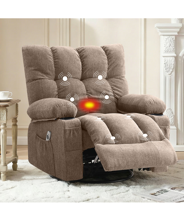 JONPONY Recliner Chair, Swivel Rocker Recliner Chair for Adults, Upholstered Manual Recliner with Side Pockets,Elderly Single Rocker Sofa with Cup Holders for Bedroom Home Theater,Grey