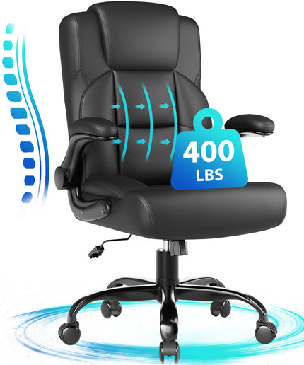 JONPONY Leather Office Chair, Big and Tall Office Chair 400LBS Wide Seat Ergonomic Computer Desk Chair High Back Executive Leather Chair Adjustable Task Chair Lumbar Back with 1-Year Warranty, Black