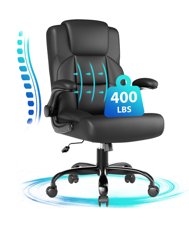 JONPONY Leather Office Chair, Big and Tall Office Chair 400LBS Wide Seat Ergonomic Computer Desk Chair High Back Executive Leather Chair Adjustable Task Chair Lumbar Back with 1-Year Warranty, Black