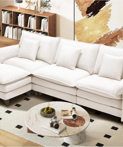 Jonpony Modular Sectional Sofa, Comfy Cloud Couch with Movable Ottoman, Deep Seat Couches for Living Room, Bedroom and Apartment, 106" U Shaped Modern Sofa with Pillows, Beige