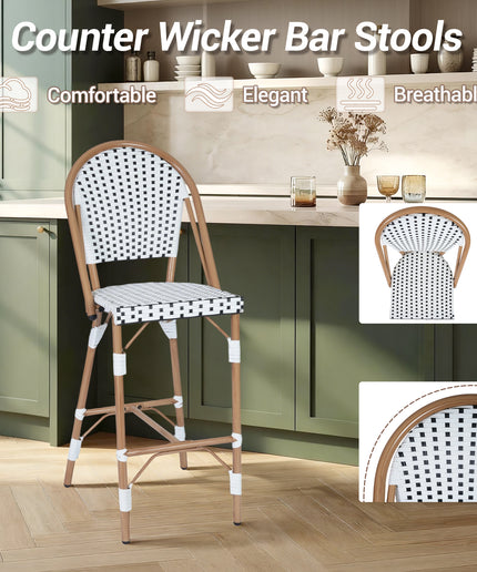 Jonpony Outdoor French Counter Bar Stools Set of 2, 30" Height Patio Rattan Barstools w/ Wood Print Finish, All-Weather Armless Wicker Chairs for Poolside Backyard Front Porch Garden Indoor Kitchen, White/Black/Blue