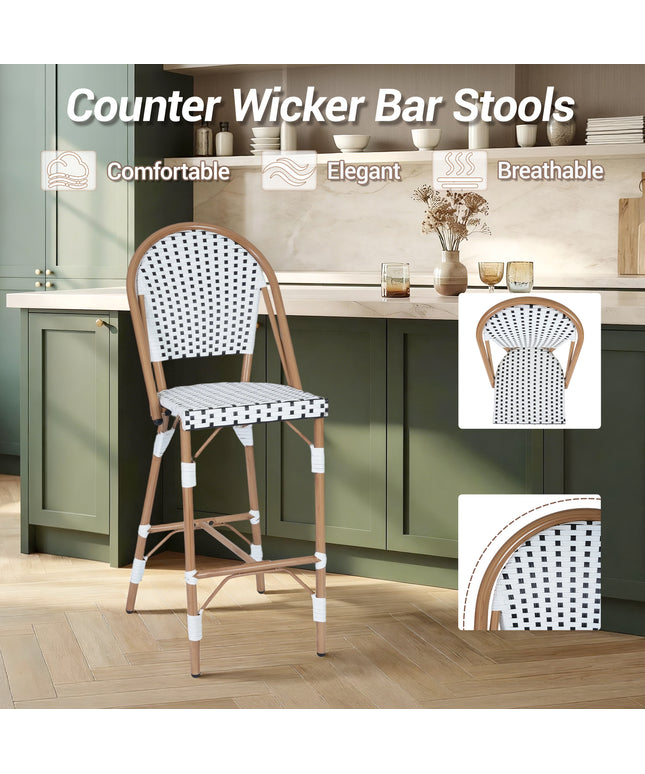 Jonpony Outdoor French Counter Bar Stools Set of 2, 30" Height Patio Rattan Barstools w/ Wood Print Finish, All-Weather Armless Wicker Chairs for Poolside Backyard Front Porch Garden Indoor Kitchen, White/Black/Blue