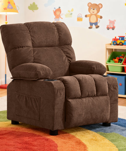 JONPONY Kids Recliner Chair,Push Back Toddler Recliner with Cup Holders & Side Pockets,Adjustable Footrest & Headrest Kids Sofa for Boys Girls 3+ Age Group, Grey