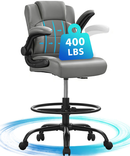 JONPONY 500 lbs Tall Office Chair with Flip-up Armrests for Standing Desk Executive Ergonomic Computer Leather Desk Chair with Lumbar Support, Adjustable Foot Ring for Home,Black