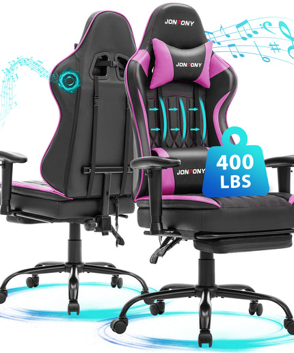 JONPONY Big and Tall 400lbs Gaming Chair with Bluetooth Speakers, Gamer Chair with Footrest and Lumbar Support & 360-Swivel Seat, Ergonomic Gamer Chair with Headrest, Red