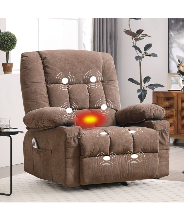 JONPONY Manual Recliner Chair with Heat Therapy and Massage Function, Heavy Duty Reclining Mechanism Massage Chair, Elderly Single Rocker Sofa with Cup Holders for Bedroom Home Theater,Grey