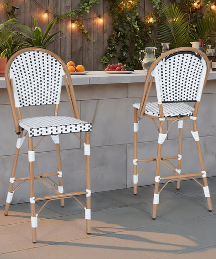 Jonpony Outdoor French Counter Bar Stools Set of 2, 30" Height Patio Rattan Barstools w/ Wood Print Finish, All-Weather Armless Wicker Chairs for Poolside Backyard Front Porch Garden Indoor Kitchen, White/Black/Blue