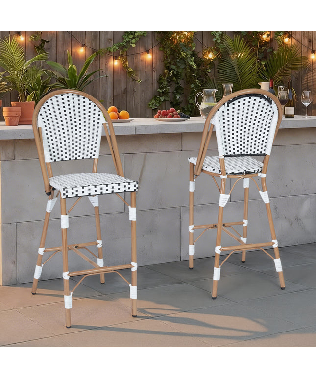 Jonpony Outdoor French Counter Bar Stools Set of 2, 30" Height Patio Rattan Barstools w/ Wood Print Finish, All-Weather Armless Wicker Chairs for Poolside Backyard Front Porch Garden Indoor Kitchen, White/Black/Blue