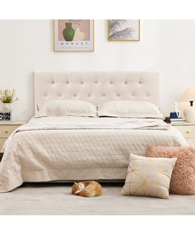 JONPONY Tufted Upholstered Headboard Queen Size, Solid Wood Head Board with Adjustable Height Headboard from 37" to 51",Bed Frame Adapters,Beige,Headboard Only