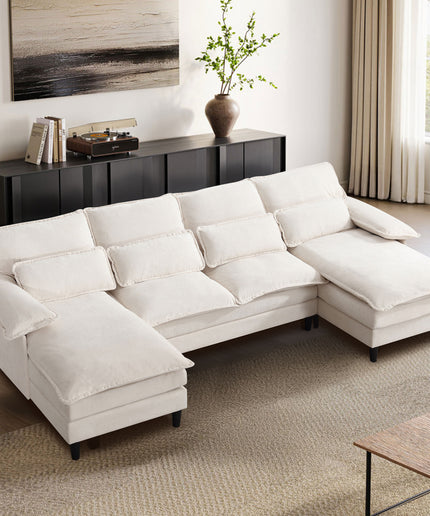 JONPONY 107.5" U Shaped Couch, 4 Seat Sectional with 4 Throw Pillows, Convertible Upholstery Symmetrical Sofá,High Dense Memory Foam with Double Chaise Lounge &Memory Foam for Living Room