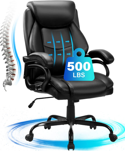 JONPONY Big and Tall Office Chair 500LBS Wide Seat Ergonomic Computer Desk Chair High Back Executive Leather Chair Adjustable Task Chair Lumbar Back Support 8 Hours Heavy Duty Design,Black