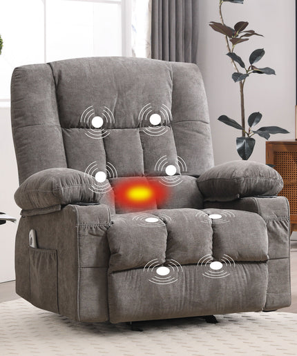 JONPONY Manual Recliner Chair with Heat Therapy and Massage Function, Heavy Duty Reclining Mechanism Massage Chair, Elderly Single Rocker Sofa with Cup Holders for Bedroom Home Theater,Grey