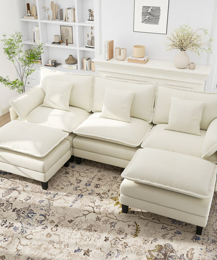 Jonpony Modular Sectional Sofa, Comfy Cloud Couch with Movable Ottoman, Deep Seat Couches for Living Room, Bedroom and Apartment, 106" U Shaped Modern Sofa with Pillows, Beige