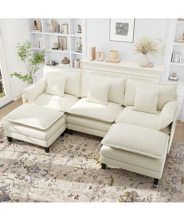 Jonpony Modular Sectional Sofa, Comfy Cloud Couch with Movable Ottoman, Deep Seat Couches for Living Room, Bedroom and Apartment, 106" U Shaped Modern Sofa with Pillows, Beige