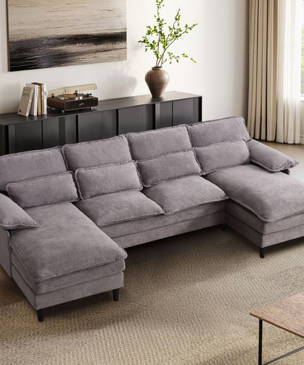 JONPONY 107.5" U Shaped Couch, 4 Seat Sectional with 4 Throw Pillows, Convertible Upholstery Symmetrical Sofá,High Dense Memory Foam with Double Chaise Lounge &Memory Foam for Living Room