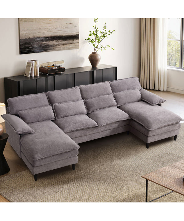 JONPONY 107.5" U Shaped Couch, 4 Seat Sectional with 4 Throw Pillows, Convertible Upholstery Symmetrical Sofá,High Dense Memory Foam with Double Chaise Lounge &Memory Foam for Living Room