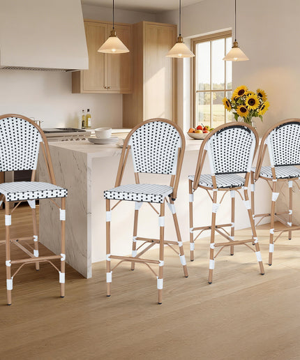 Jonpony Outdoor French Counter Bar Stools Set of 2, 30" Height Patio Rattan Barstools w/ Wood Print Finish, All-Weather Armless Wicker Chairs for Poolside Backyard Front Porch Garden Indoor Kitchen, White/Black/Blue