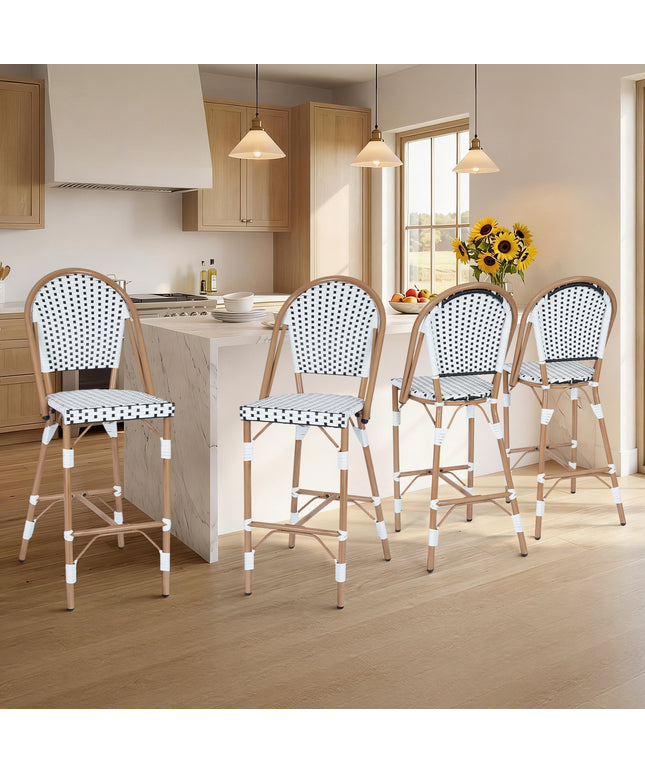 Jonpony Outdoor French Counter Bar Stools Set of 2, 30" Height Patio Rattan Barstools w/ Wood Print Finish, All-Weather Armless Wicker Chairs for Poolside Backyard Front Porch Garden Indoor Kitchen, White/Black/Blue
