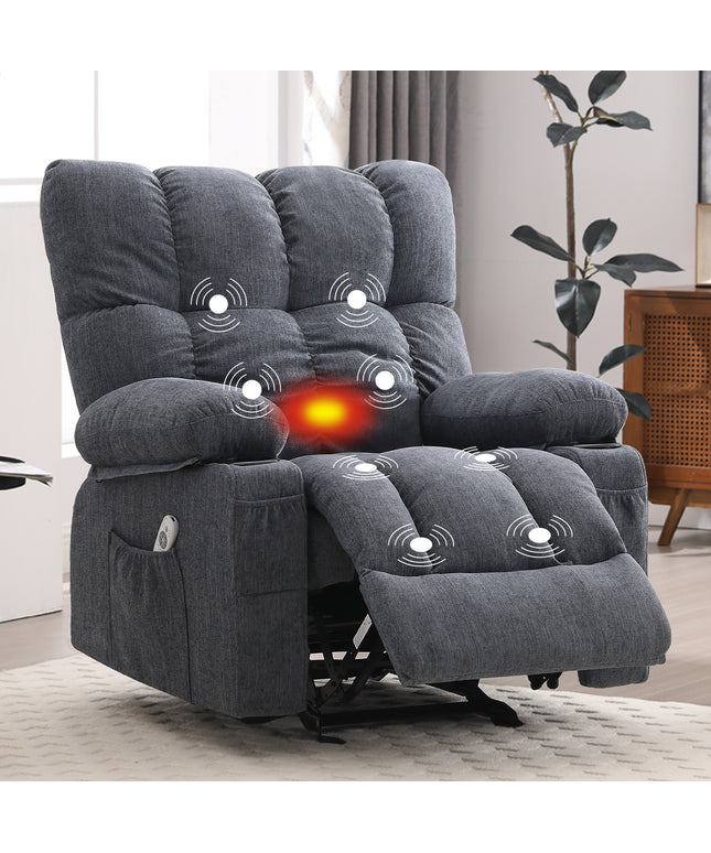 JONPONY Manual Recliner Chair with Heat Therapy and Massage Function, Heavy Duty Reclining Mechanism Massage Chair, Elderly Single Rocker Sofa with Cup Holders for Bedroom Home Theater,Grey