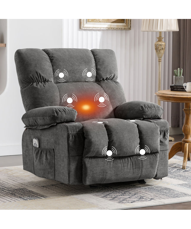 JONPONY Manual Recliner Chair with Heat Therapy and Massage Function, Heavy Duty Reclining Mechanism Massage Chair, Elderly Single Rocker Sofa with Cup Holders for Bedroom Home Theater,Grey