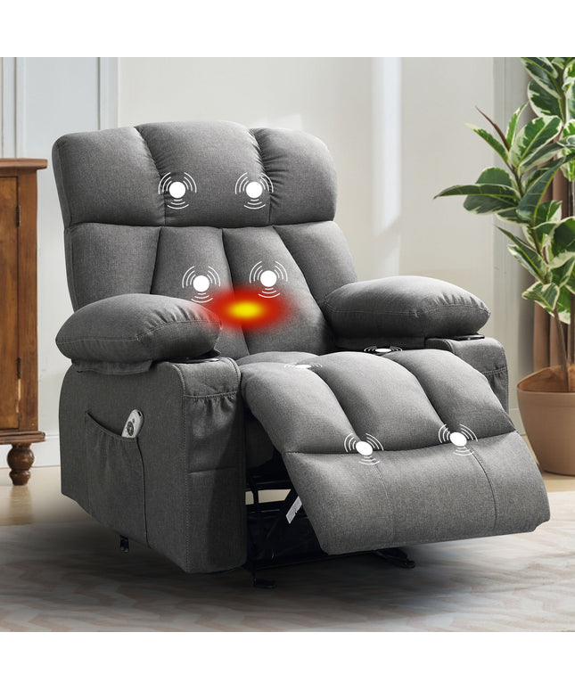 JONPONY Manual Recliner Chair with Heat Therapy and Massage Function, Heavy Duty Reclining Mechanism Massage Chair, Elderly Single Rocker Sofa with Cup Holders for Bedroom Home Theater,Grey, B1273