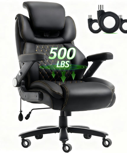 JONPONY Big and Tall Office Chair 500lbs, PU Leather High Back Desk Chair with 5D Flip Arms, Adjustable Headrest & Lumbar Airbag Support, Thick Spring Cushion, Armrests & Wheels, Black