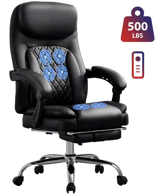 JONPONY Big and Tall Office Chair 500LBS Executive Office Chair Massage and Footrest Ergonomic Computer Desk Chair Reclining High Back Leather Office Chair Lumbar Back Support Swivel Rolling,Black