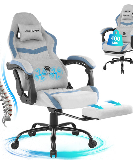 JONPONY Big and Tall Gaming Chair, Computer Chair with Footrest and Massage Lumbar Support, Height Adjustable Game Chair with Headrest and Swivel Seat，GREY
