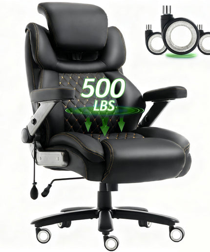 JONPONY Big and Tall Office Chair 500lbs, PU Leather High Back Desk Chair with 5D Flip Arms, Adjustable Headrest & Lumbar Airbag Support, Thick Spring Cushion, Armrests & Wheels, Black