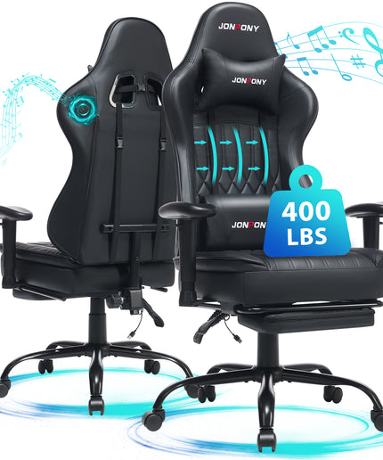 JONPONY Big and Tall 400lbs Gaming Chair with Bluetooth Speakers, Gamer Chair with Footrest and Lumbar Support & 360-Swivel Seat, Ergonomic Gamer Chair with Headrest, Red