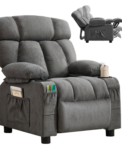 JONPONY Kids Recliner Chair,Push Back Toddler Recliner with Cup Holders & Side Pockets,Adjustable Footrest & Headrest Kids Sofa for Boys Girls 3+ Age Group, Grey