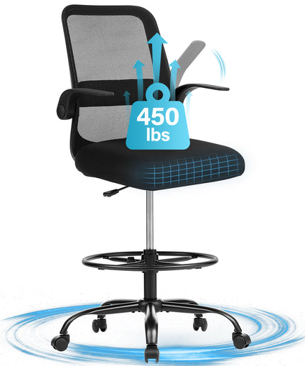 JONPONY 450LBS Office Drafting Chair, Executive Rolling Swivel Chair with Adjustable Foot Ring and Flip-Up Arms, Comfy Thicken Cushion, Breathable Mesh Standing Desk Chair, Black