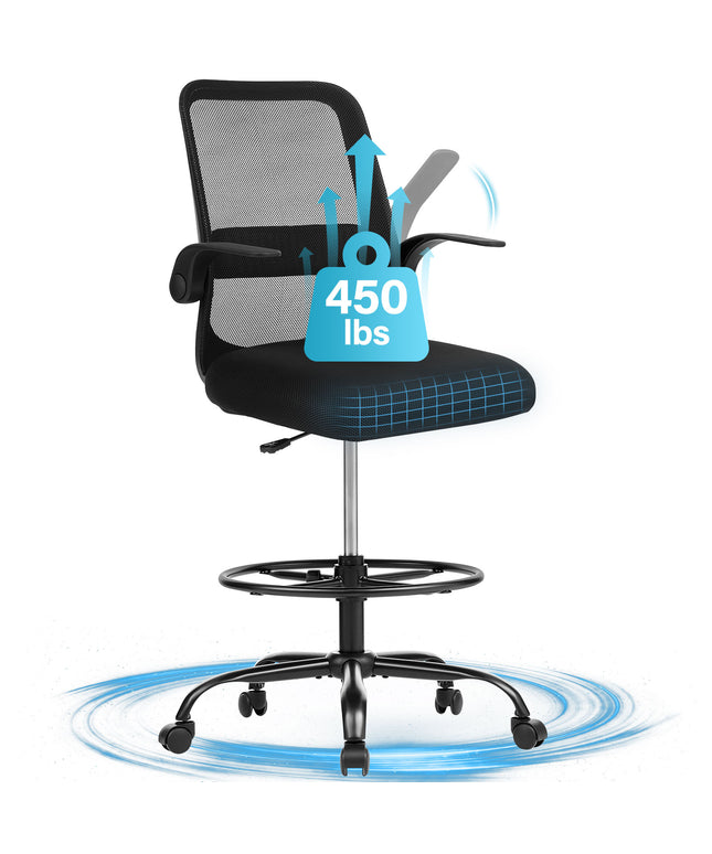JONPONY 450LBS Office Drafting Chair, Executive Rolling Swivel Chair with Adjustable Foot Ring and Flip-Up Arms, Comfy Thicken Cushion, Breathable Mesh Standing Desk Chair, Black