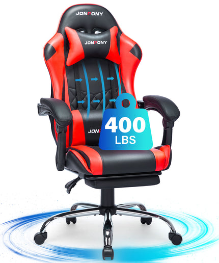 JONPONY Big and Tall 400LBS Gaming Chair, Ergonomic Design, Gamer Chair PU Leather with Footrest and Lumbar Support, High Back Office Chair Support 8 Hours Long Sitting, Computer Chair,Red