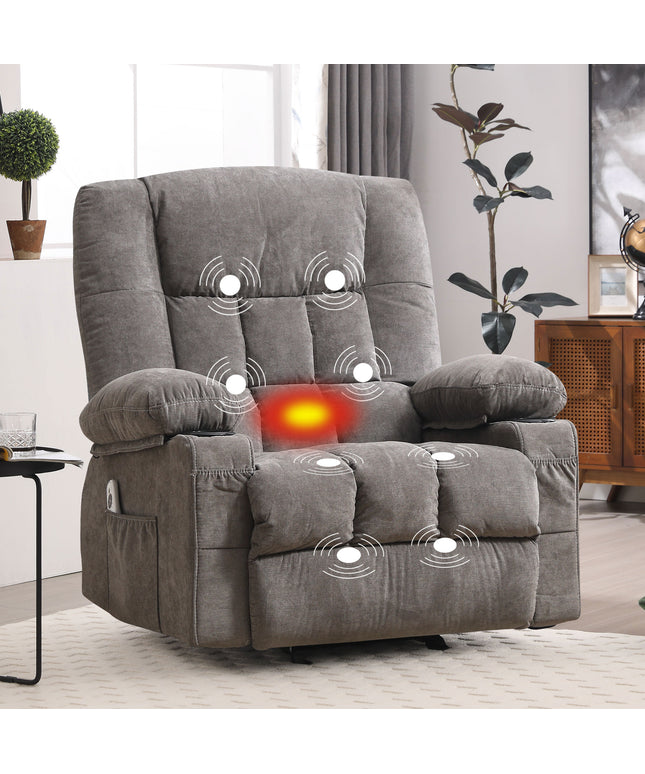 JONPONY Manual Recliner Chair with Heat Therapy and Massage Function, Heavy Duty Reclining Mechanism Massage Chair, Elderly Single Rocker Sofa with Cup Holders for Bedroom Home Theater,Grey