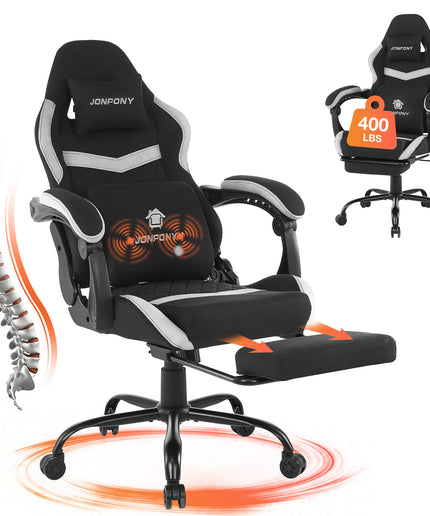 JONPONY Big and Tall Gaming Chair, Computer Chair with Footrest and Massage Lumbar Support, Height Adjustable Game Chair with Headrest and Swivel Seat，GREY