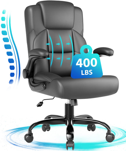 JONPONY Leather Office Chair, Big and Tall Office Chair 400LBS Wide Seat Ergonomic Computer Desk Chair High Back Executive Leather Chair Adjustable Task Chair Lumbar Back with 1-Year Warranty, Black