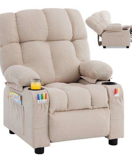 JONPONY Kids Recliner Chair, Push Back Toddler Recliner with Cup Holders & Side Pockets，Adjustable Footrest & Headrest Kids Sofa for Boys Girls 3+ Age Group, Children's Bedroom Furniture, Grey